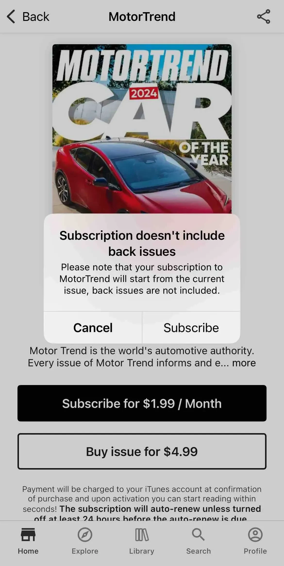 Motor Trend Digital Magazine paywall screen