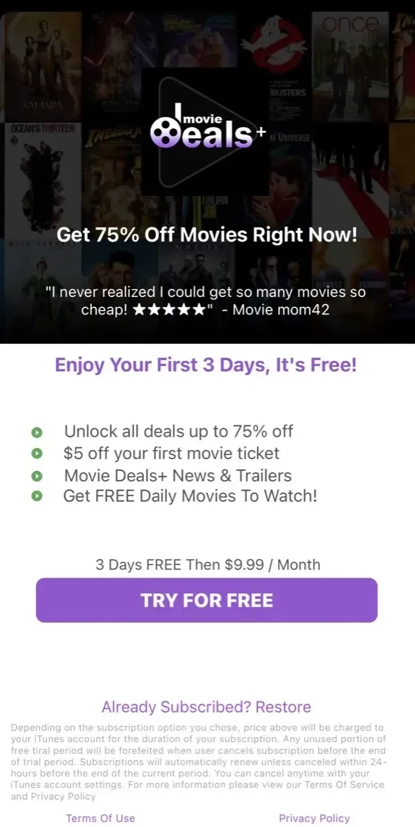Movie Deals+ Watch Movies paywall screen