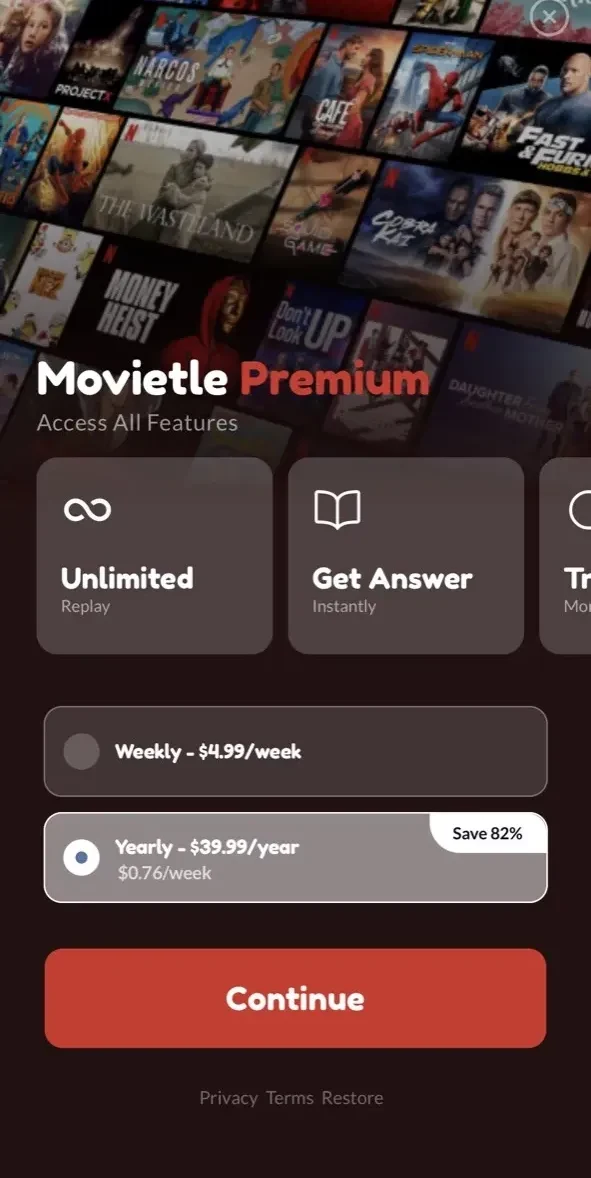 Moviedle paywall screen