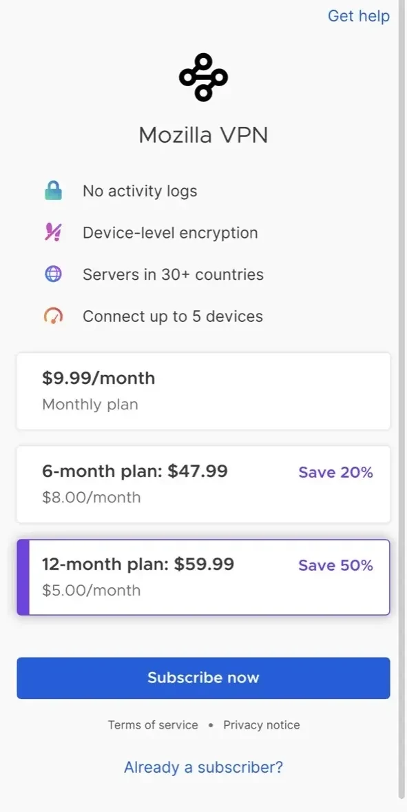 Mozilla VPN paywall screen