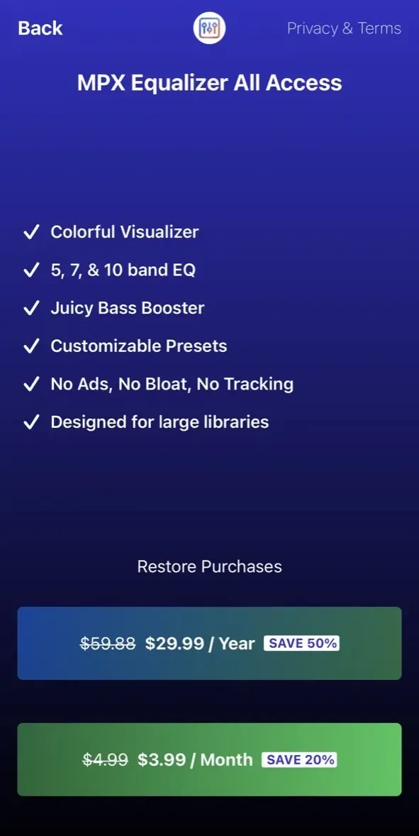 MPX EQ Equalizer Bass Booster paywall screen