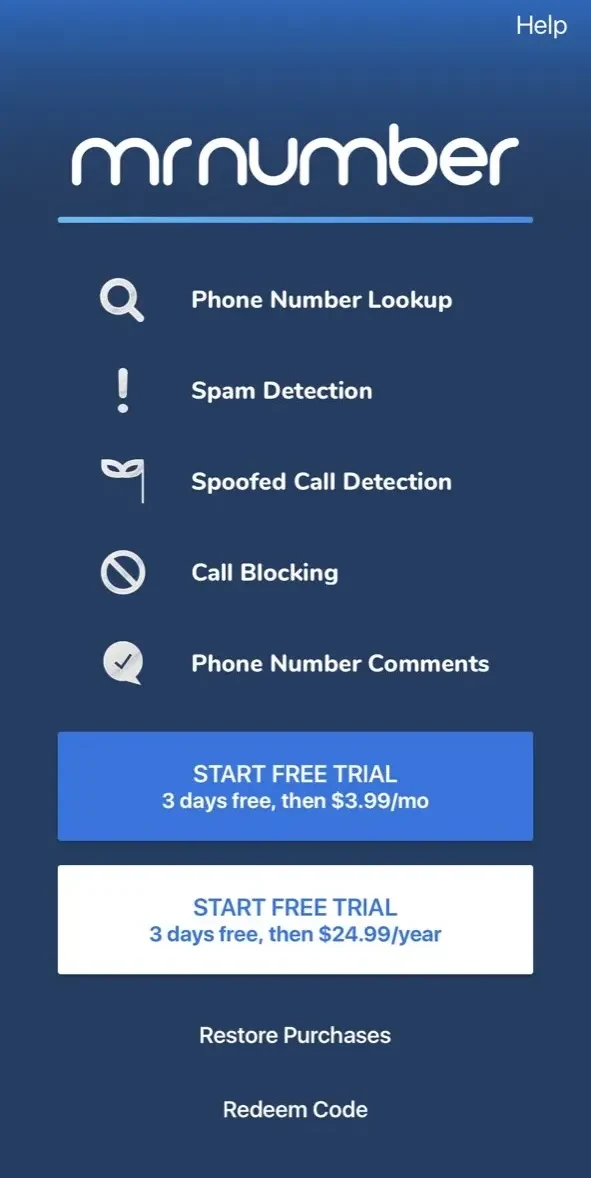 Mr. Number Lookup paywall screen