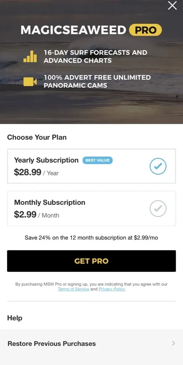 MSW Surf Forecast paywall screen