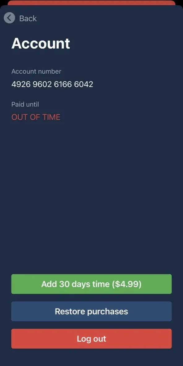 Mullvad VPN paywall screen