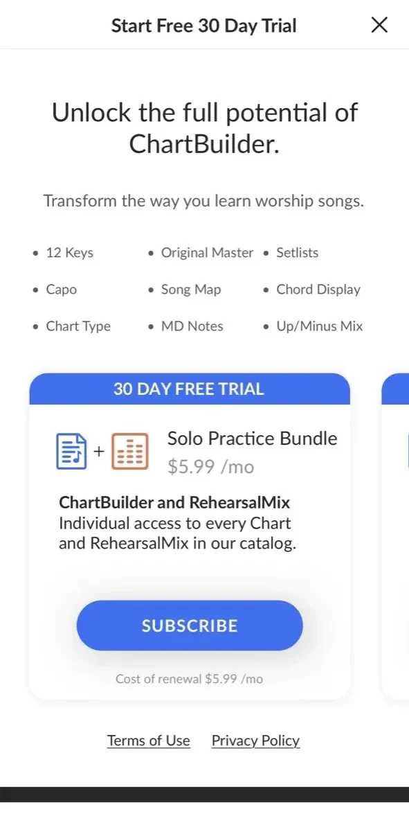 MultiTracks ChartBuilder paywall screen