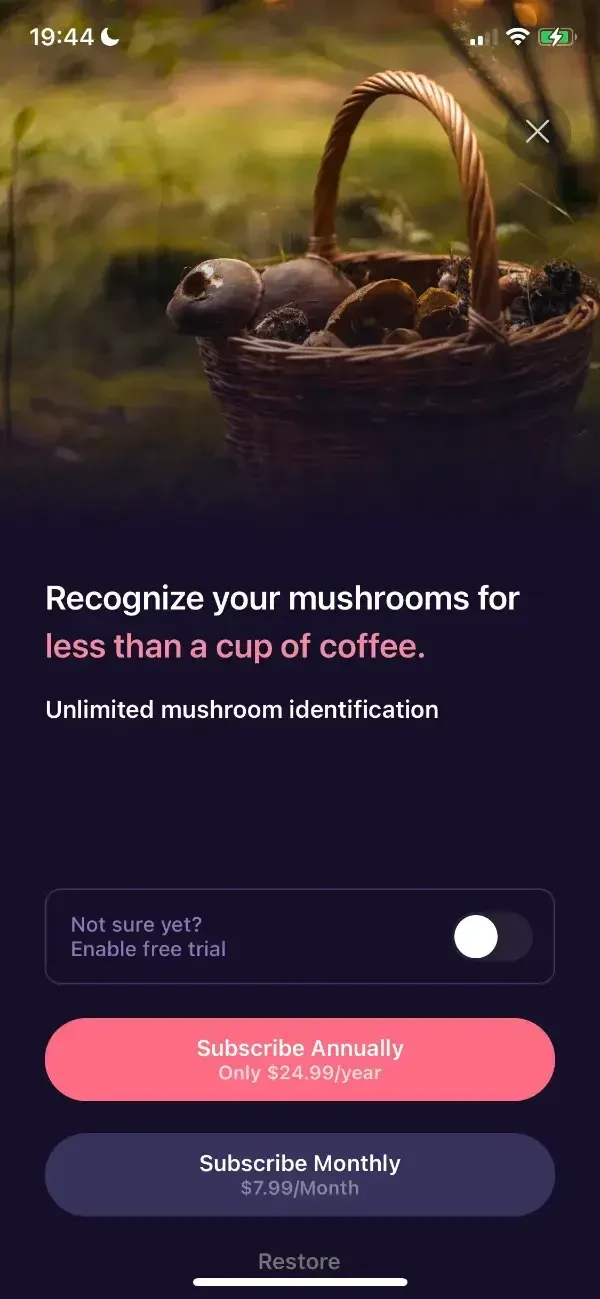 Mushroom ID paywall screen