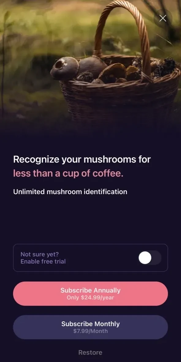 Mushroom ID paywall screen