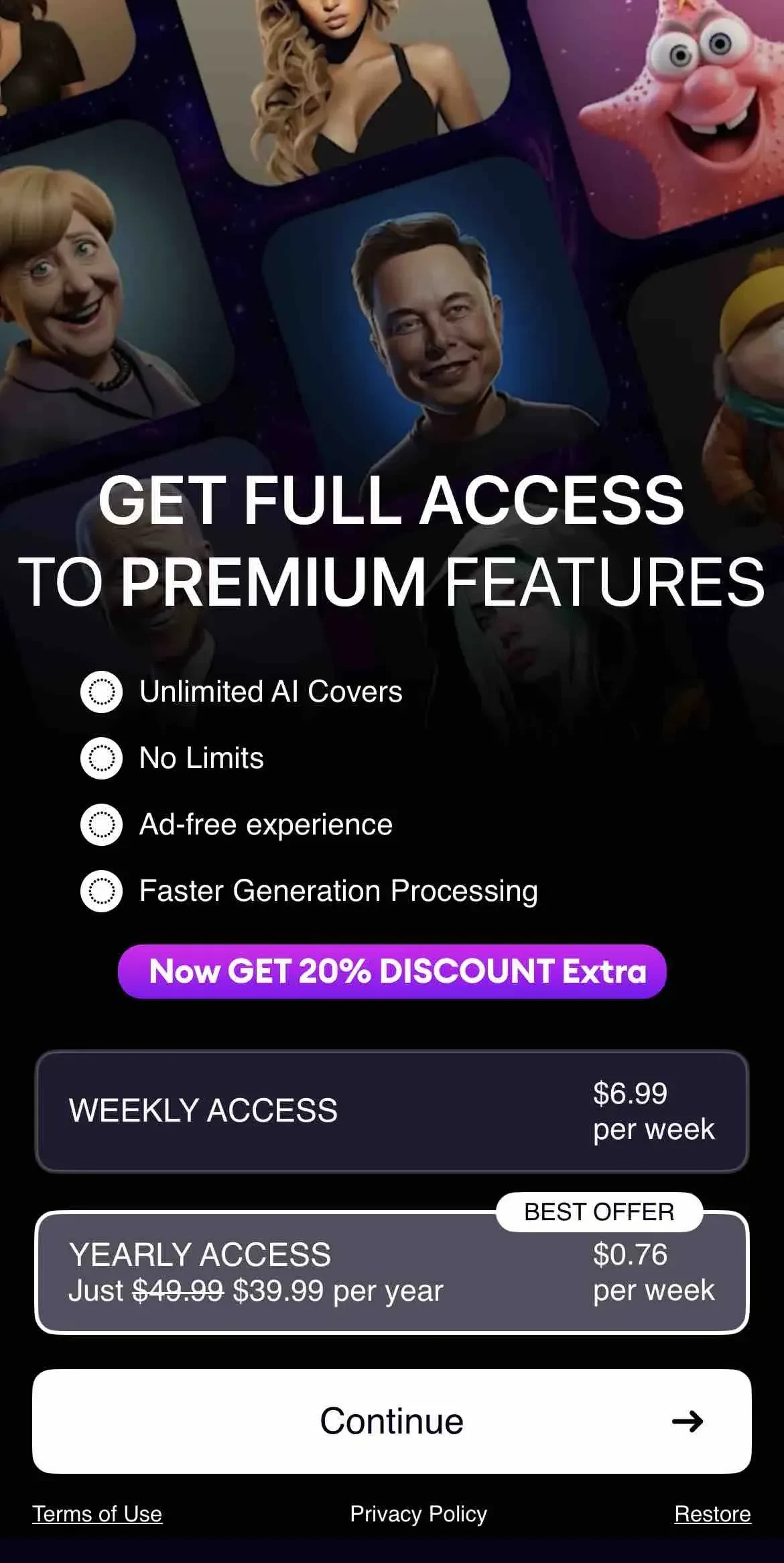 Music AI Cover paywall screen