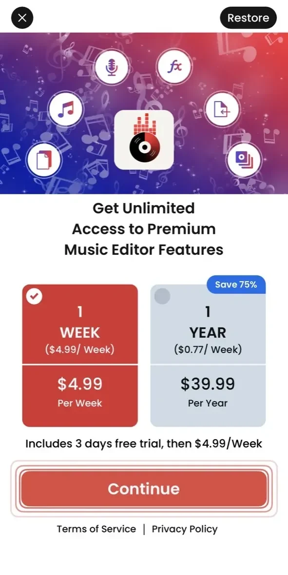Music Editor paywall screen