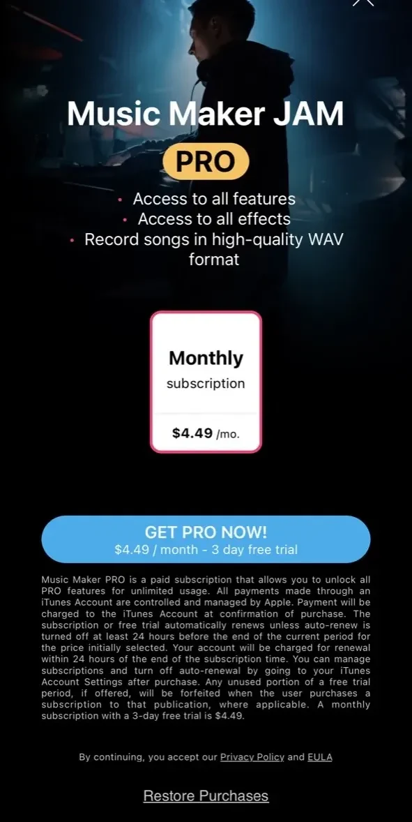 Music Maker JAM paywall screen