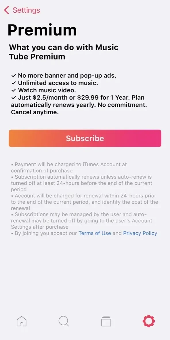 Music Tube paywall screen