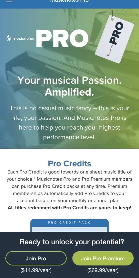 Musicnotes paywall screen