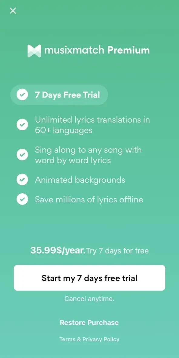 Musixmatch Lyrics Finder paywall screen