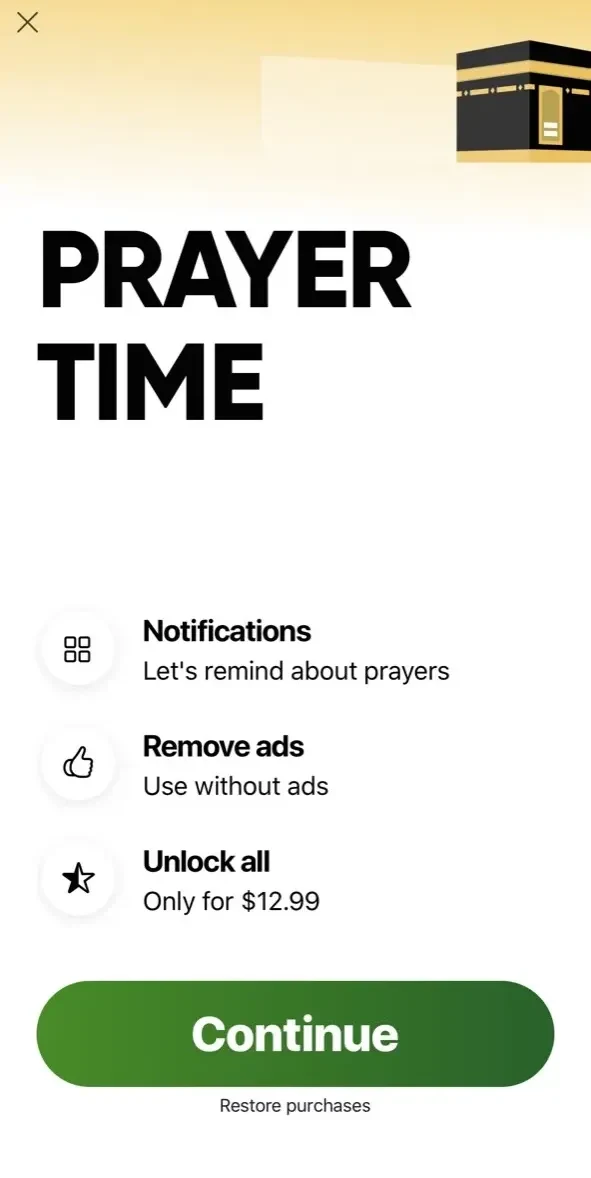 Muslim Pray Times Qibla Finder paywall screen