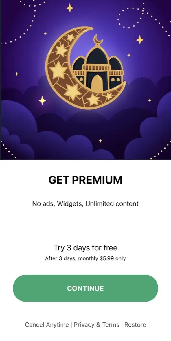 Muslim paywall screen