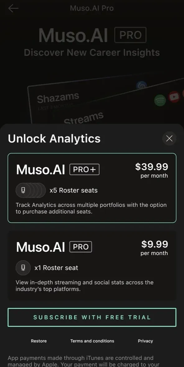 Muso.AI paywall screen