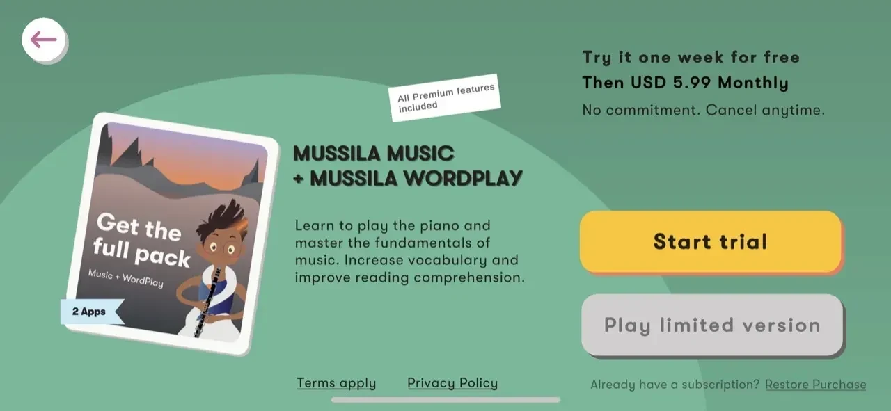 Mussila Music paywall screen