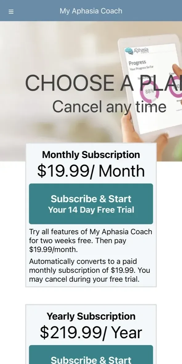 My Aphasia Coach paywall screen