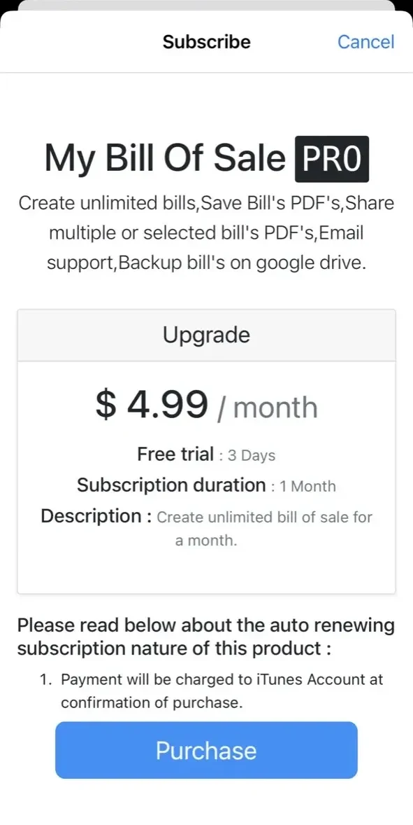 My Bill of Sale paywall screen