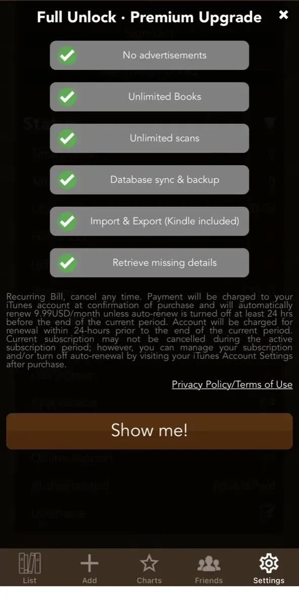 My Book List paywall screen