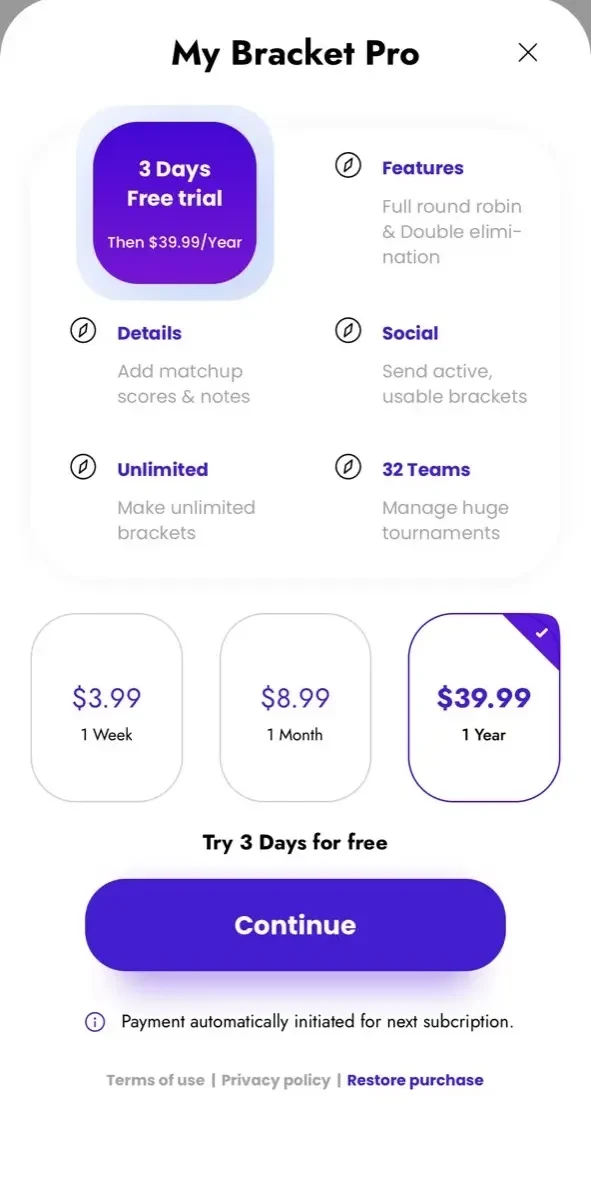 My Bracket paywall screen