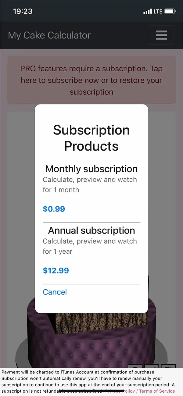 My Cake Calculator paywall screen