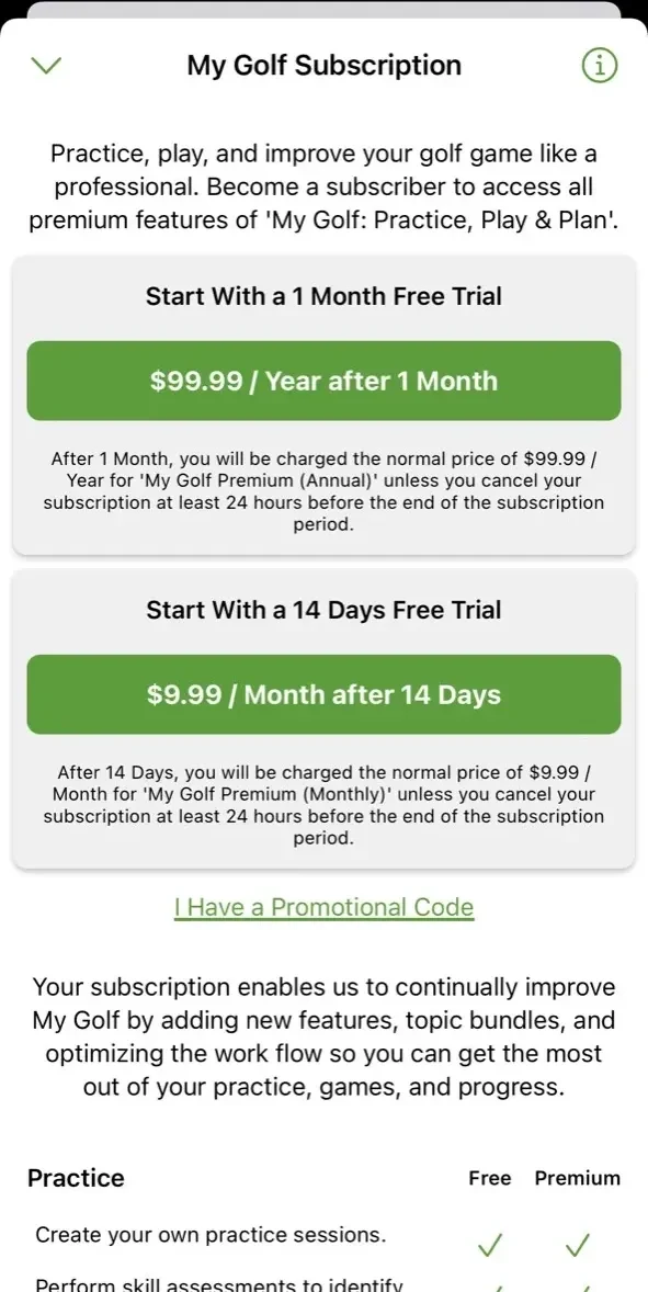My Golf paywall screen