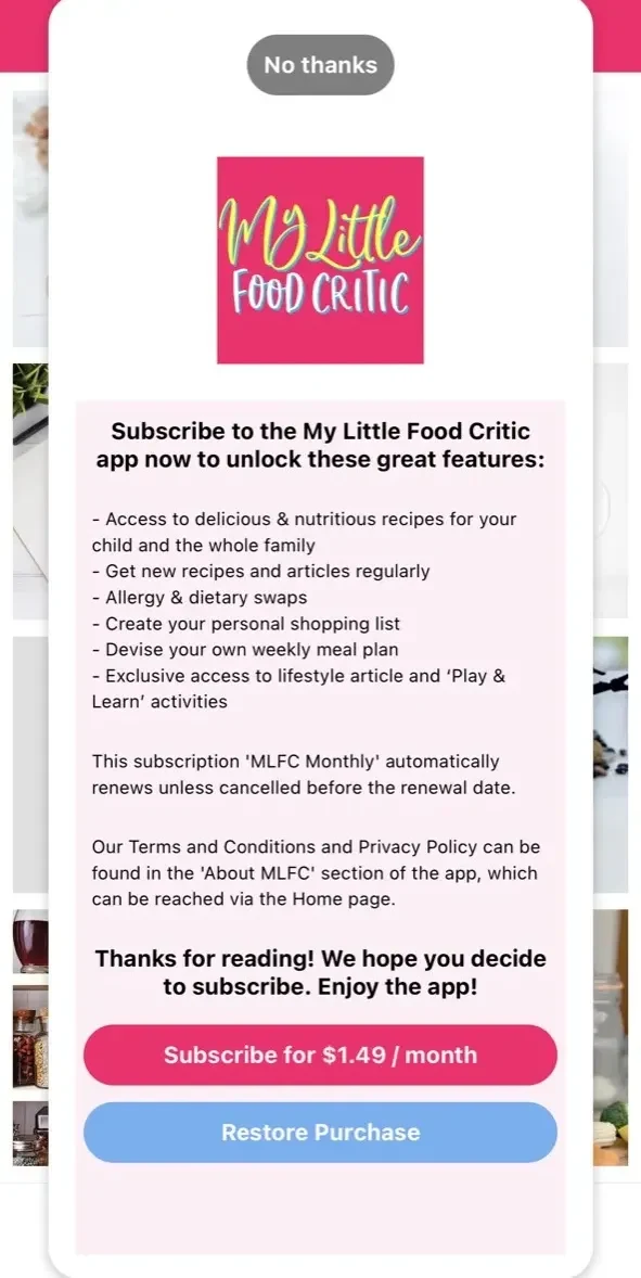 My Little Food Critic paywall screen
