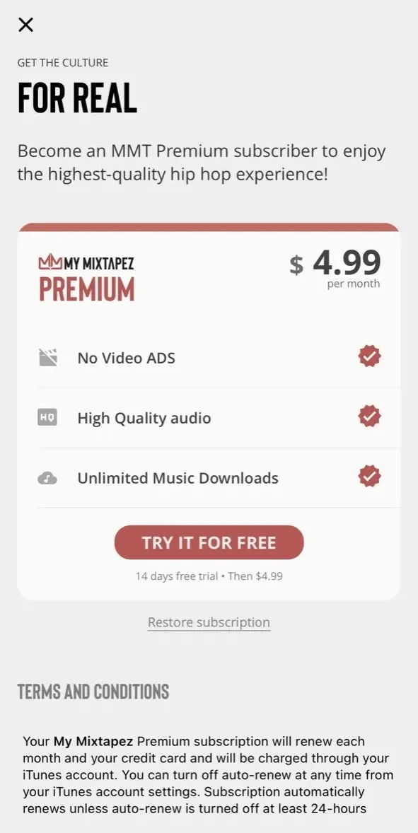 My Mixtapez paywall screen