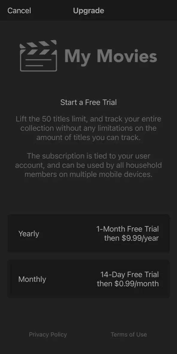 My Movies 5 paywall screen