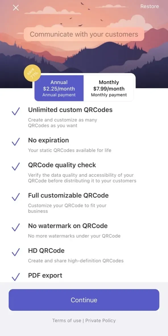 QR Code Generator paywall screen
