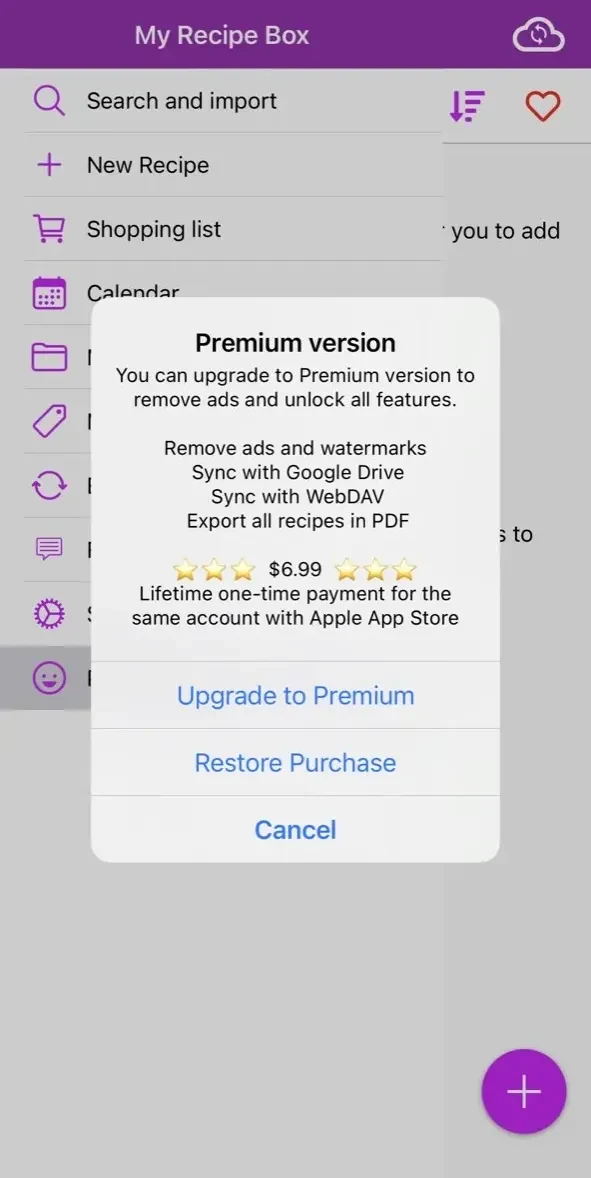 My Recipe Box paywall screen