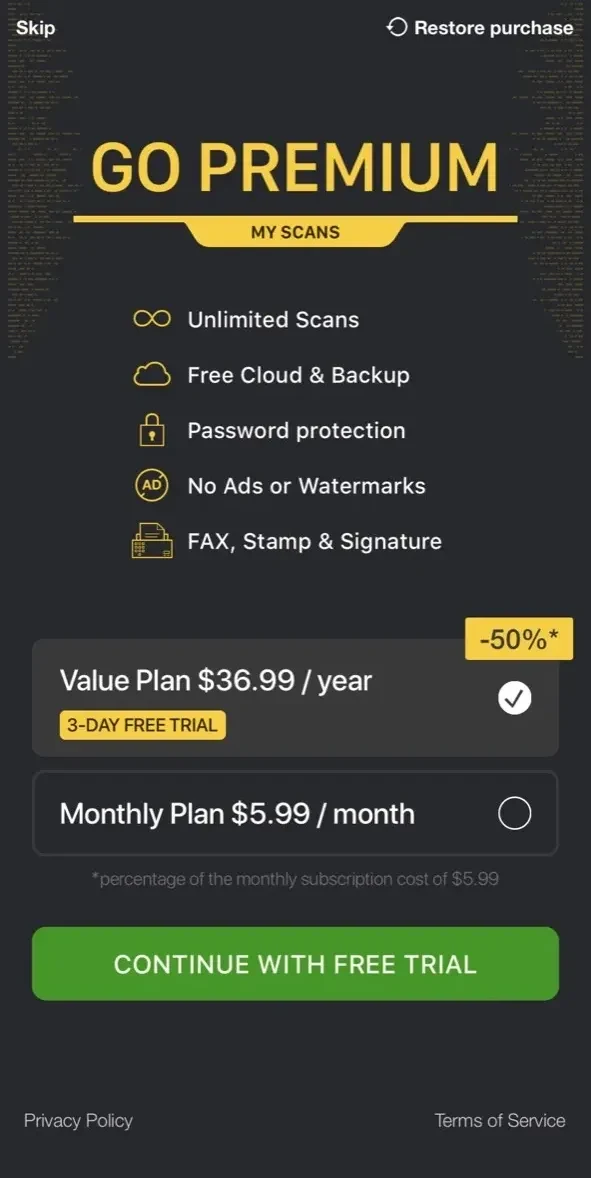 My Scans paywall screen
