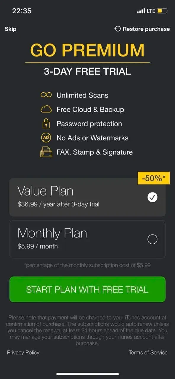 My Scans paywall screen