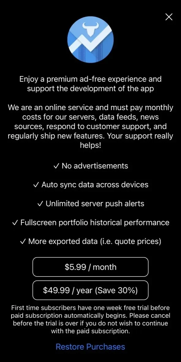 My Stocks Portfolio paywall screen