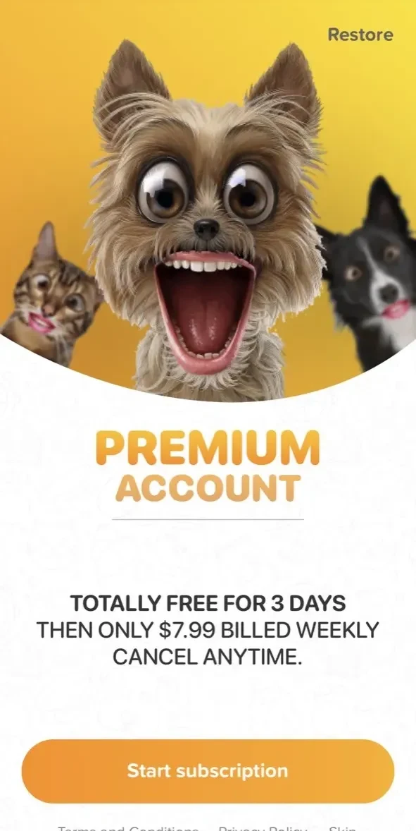 My Talking Animal paywall screen