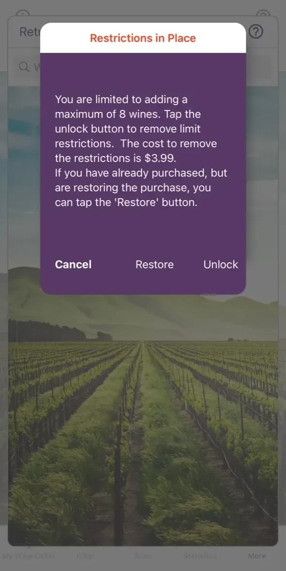 My Wine Cellar paywall screen