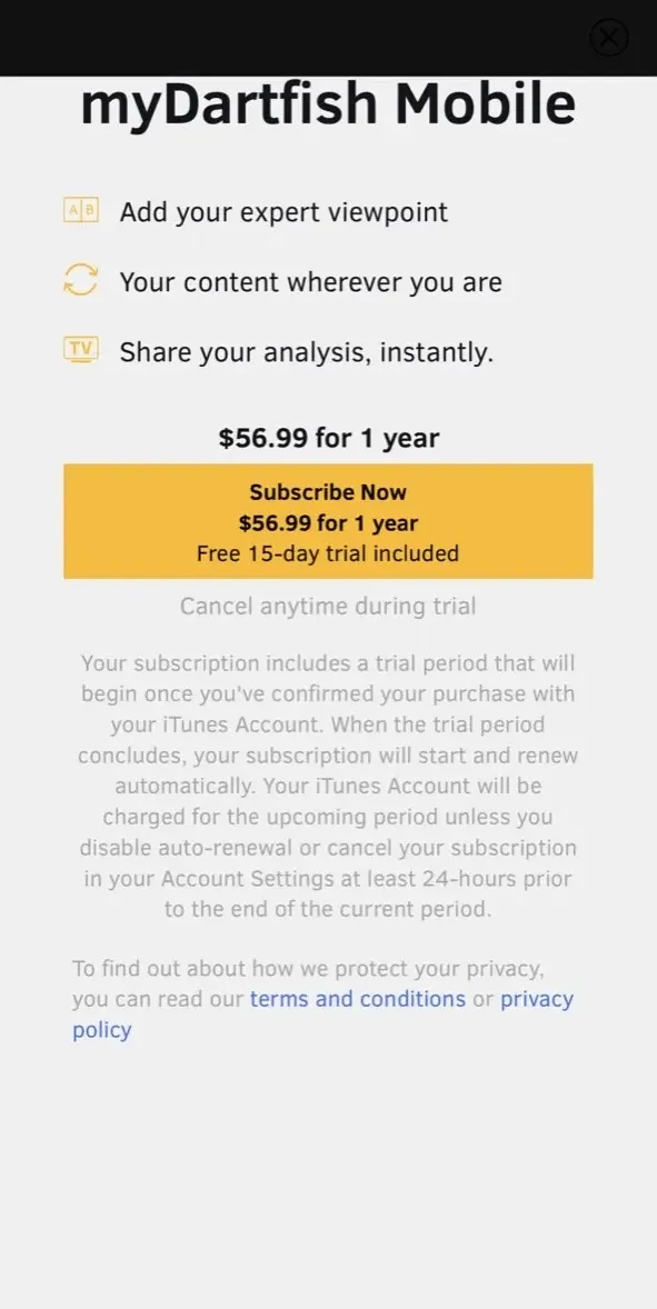 myDartfish Express paywall screen