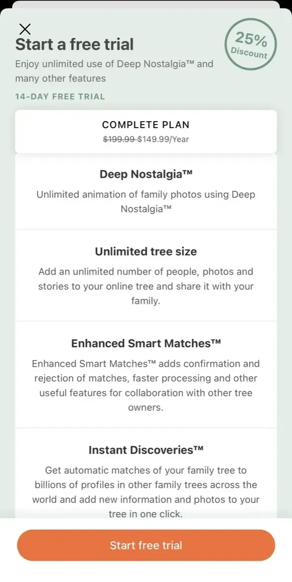 MyHeritage paywall screen