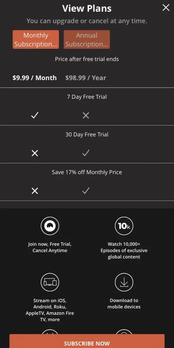 MyOutdoorTV paywall screen