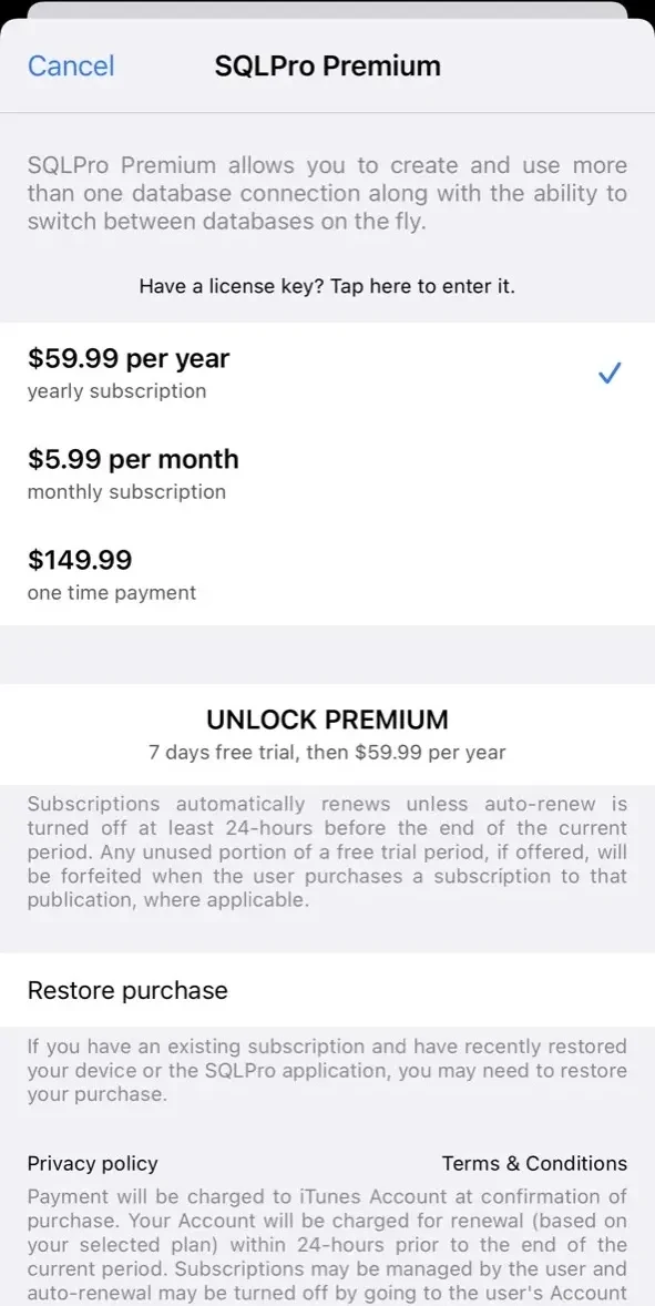 MySQL Client paywall screen