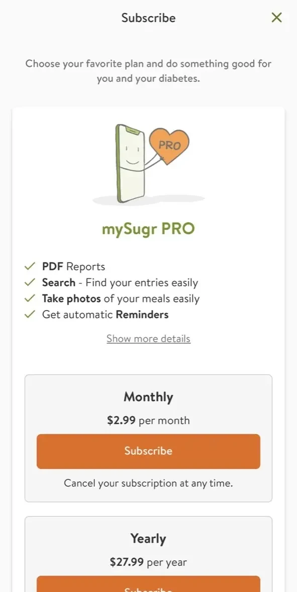 mySugr paywall screen