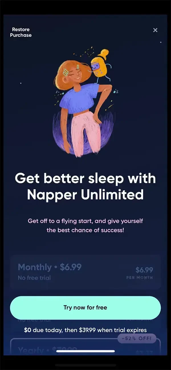 Napper paywall screen