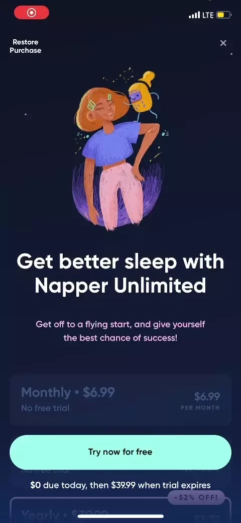Napper paywall screen