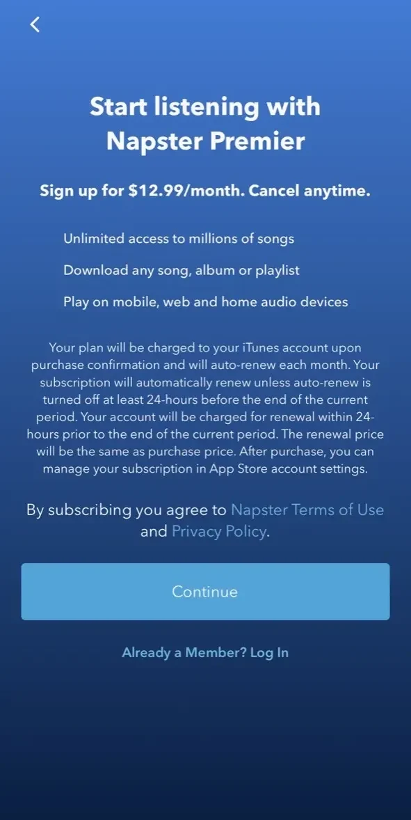 Napster paywall screen