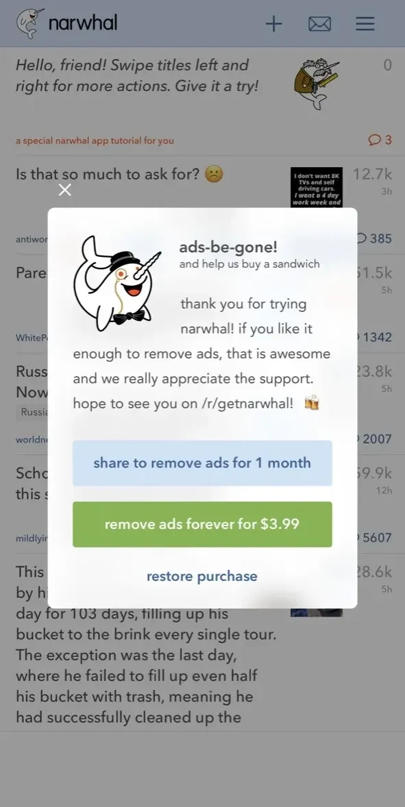 Narwhal 2 paywall screen