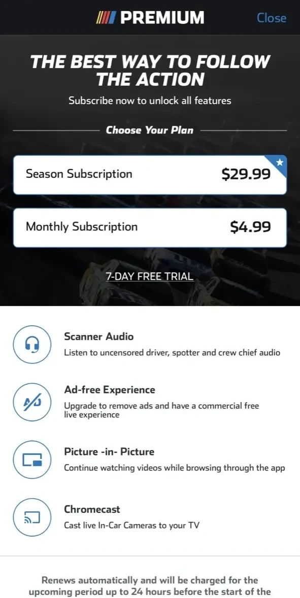 NASCAR MOBILE paywall screen