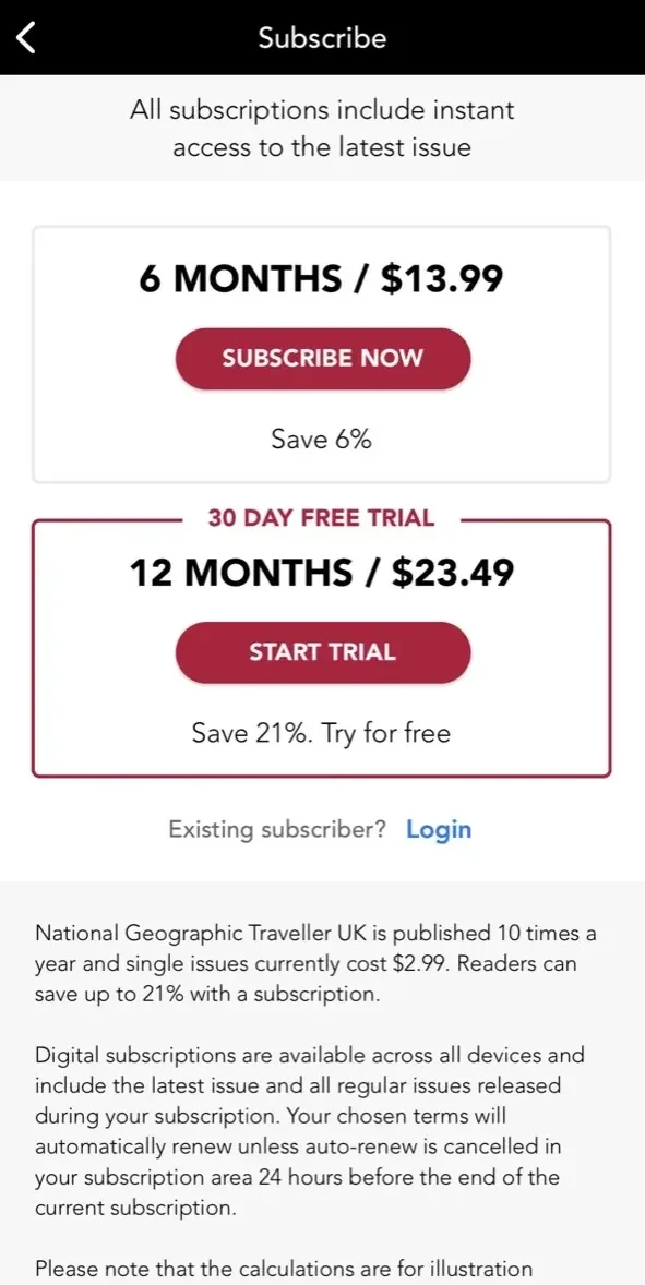 National Geographic Traveller paywall screen