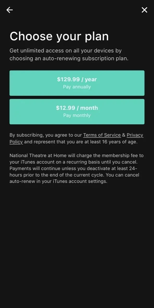National Theatre at Home paywall screen