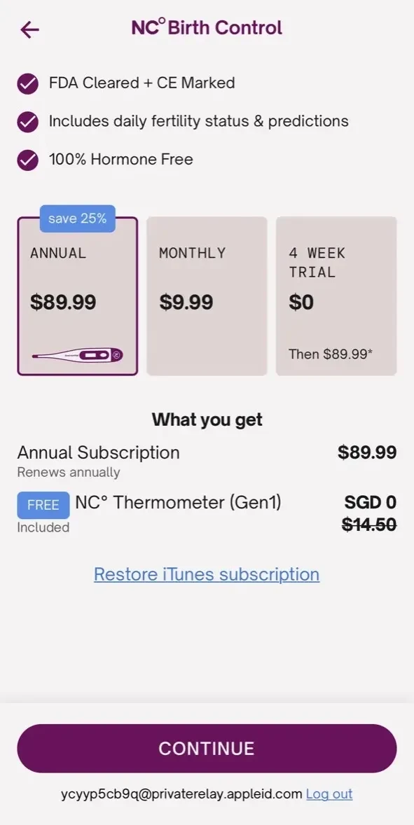 Natural Cycles paywall screen